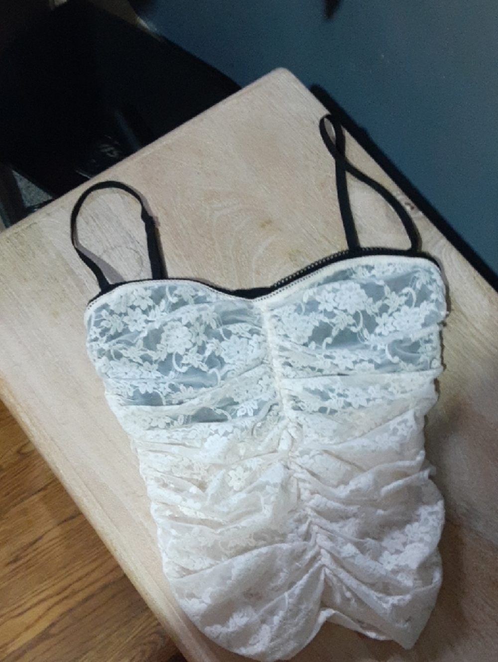 Lace Ruched Bustier Camisole in Ivory with Black Straps
